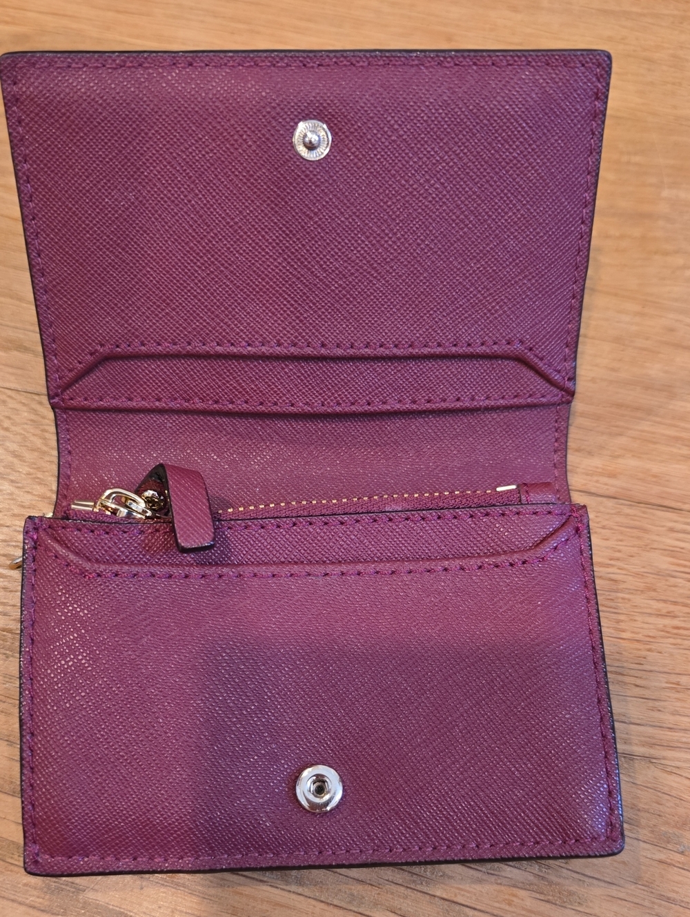 Kate Spade Plum Saffiano Leather Compact Wallet with Gold Logo & Key Ring - Picture 5 of 6